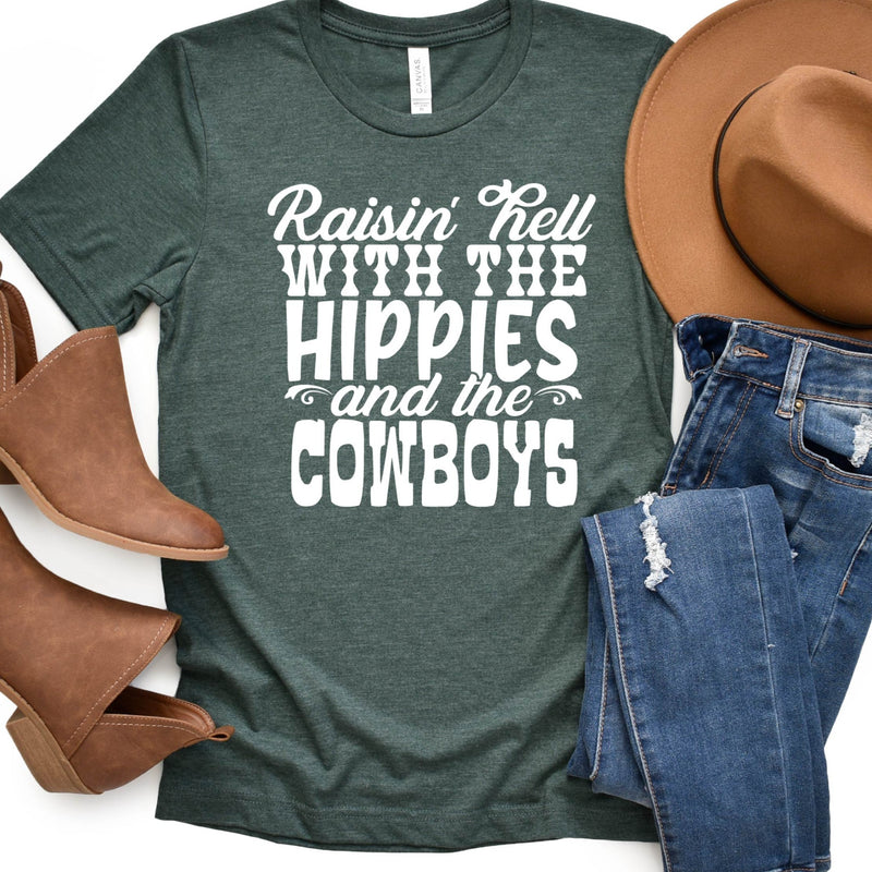 Women Raisin' Hell with Hippies and Cowboys T-Shirt - Best Printed Design Tshirt Tees for Ladies Girls Friends & Family