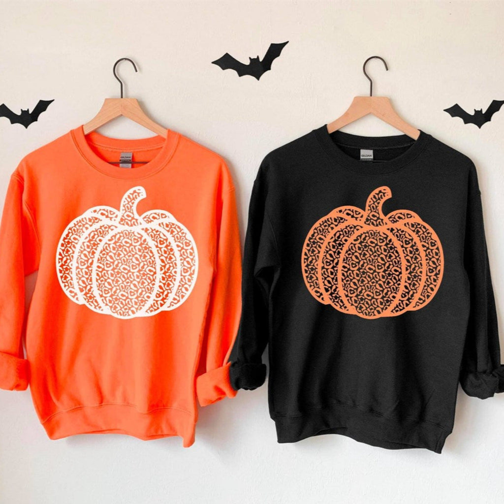 Women's Pumpkin Leopard Halloween Crew Neck Sweatshirt