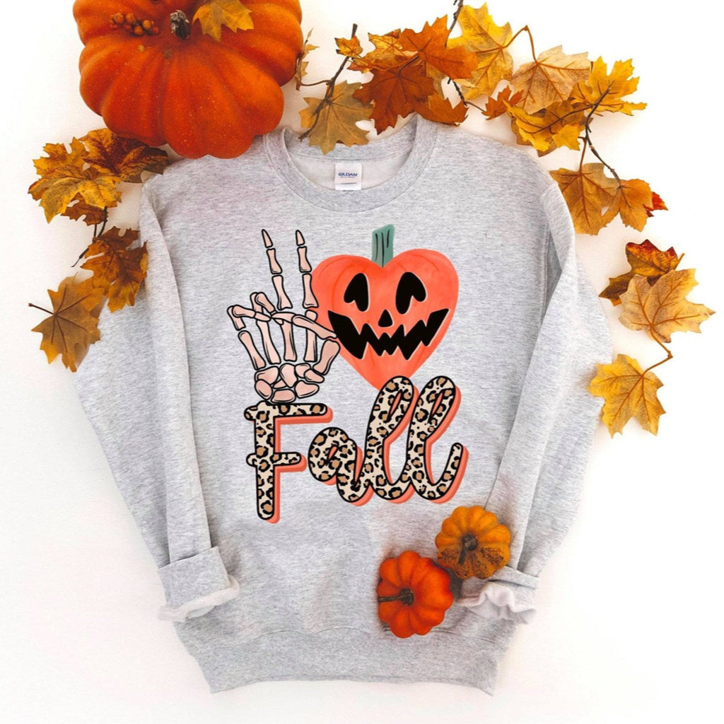 Women's I Love Fall Peace Sign Skeleton Halloween Crew Neck Sweatshirt