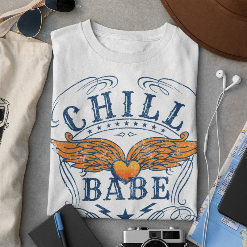 Women's Retro Chill Babe T-Shirt - Girls Angel Wings Heart Printed Design Tshirt - Best Ideal Gift Tees for Your Friends & Family