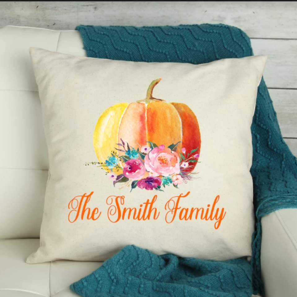 Floral Pumpkin Pillow with Personalization Option