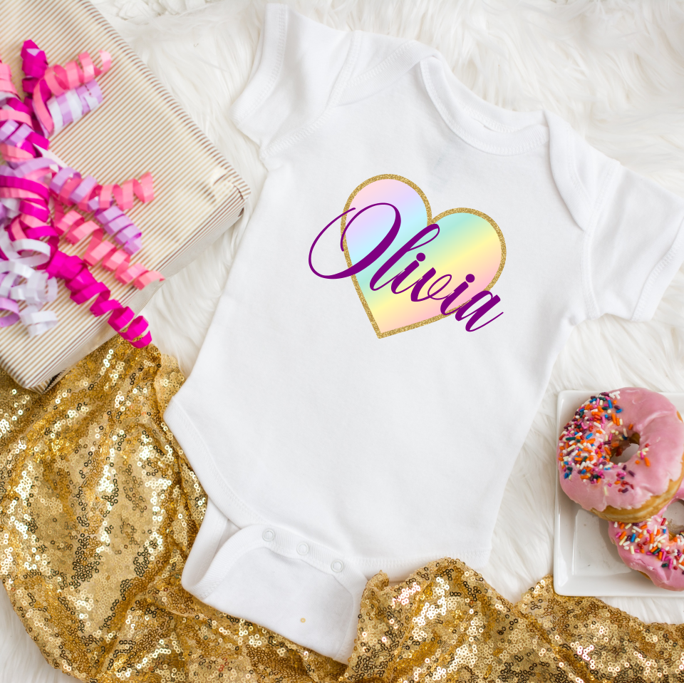 Rainbow Heart Personalized Baby Girl Bodysuit