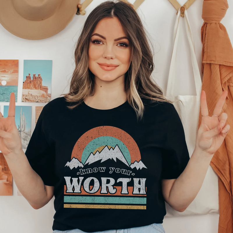 Women's Retro Know Your Worth T-Shirt | Girl's Best Printed Design T-Shirt | Best Ideal Gift for Tees Your Friends & Family