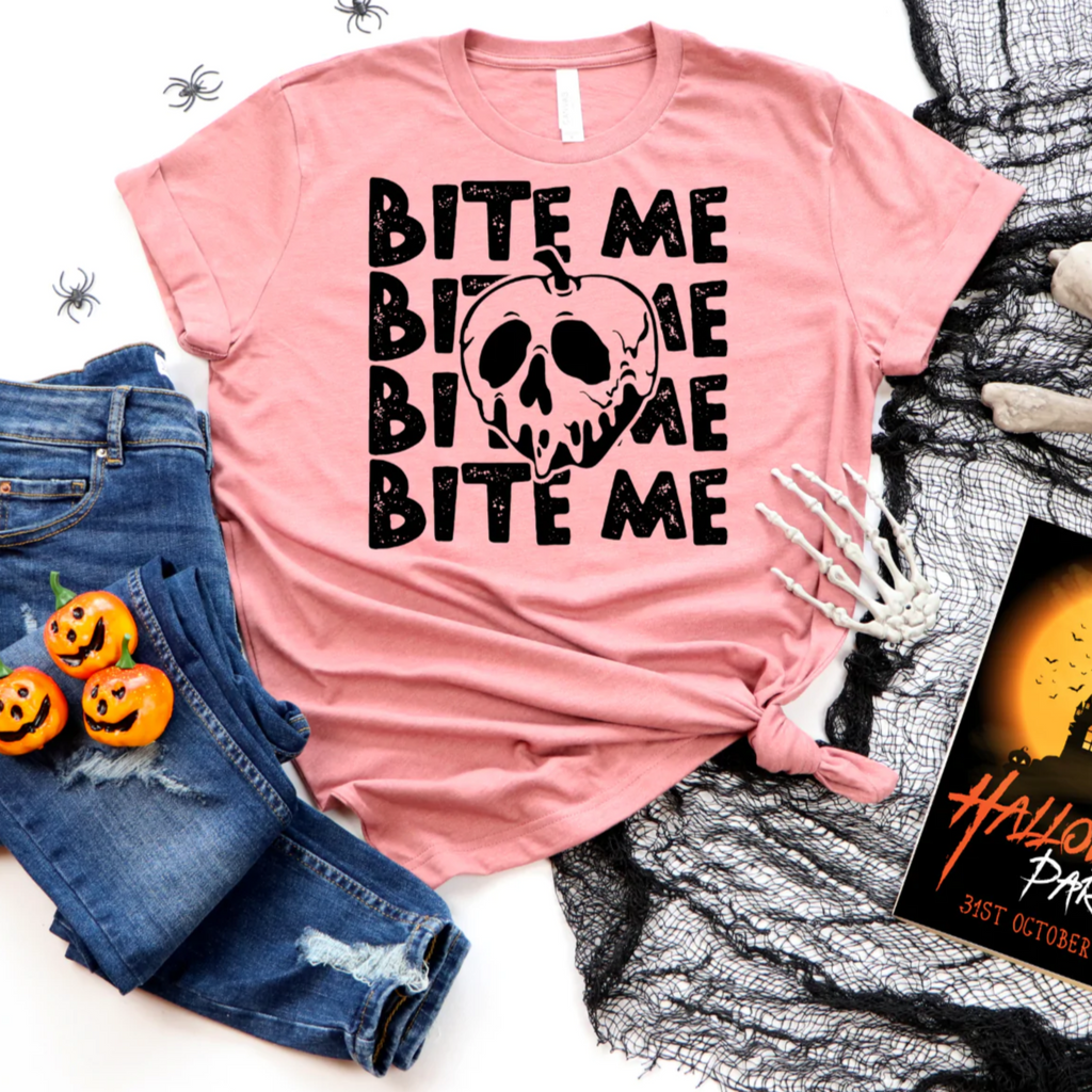 Women's Halloween Bite Me Skull Apple T-Shirt