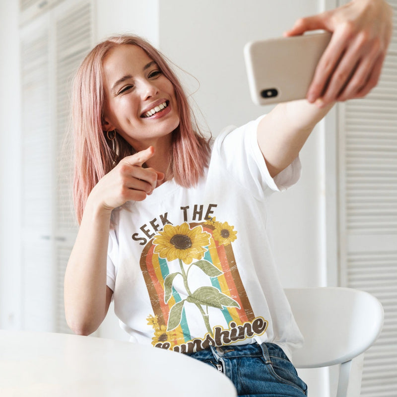 Women's Seek The Sunshine Sunflower T-Shirt - Girls Printed Design Tshirt - Best Ideal Gift Tees for Your Friends & Family (Citrus)
