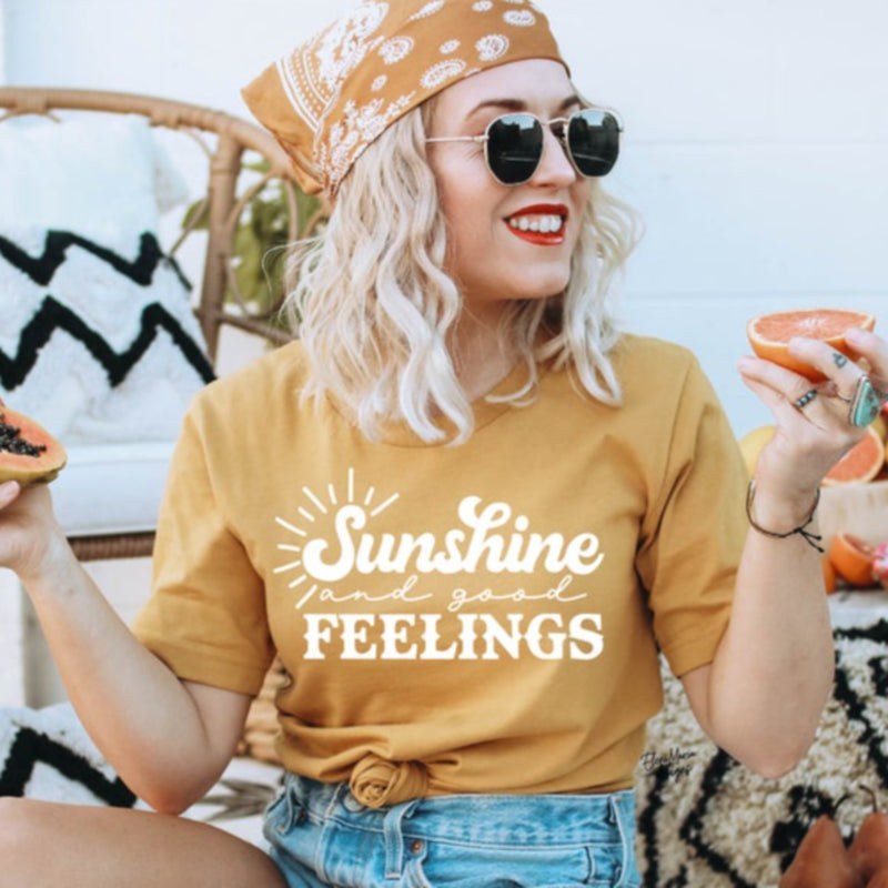 Women's Sunshine Good Feelings T-Shirt - Girls Printed Design Tshirt - Best Ideal Gift Tees for Your Friends & Family