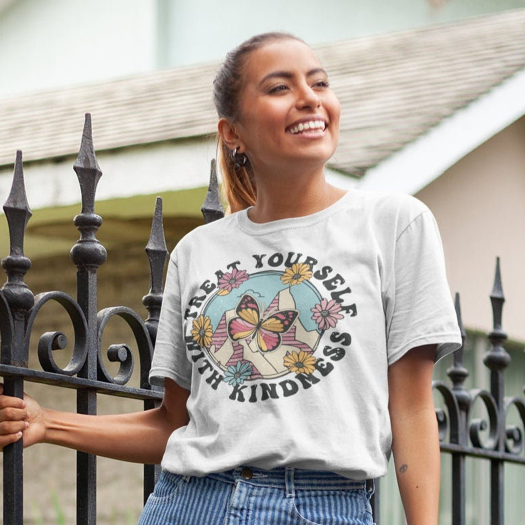 Women's Treat Yourself with Kindness T-Shirt - Girls Floral Butterfly Printed Design Tshirt - Best Ideal Gift Tees for Your Friends & Family