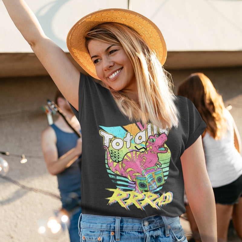 Women's Retro 80's Totally Rad Dinosaur T-Shirt - Girls Printed Design Tshirt - Best Ideal Gift Tees for Your Friends & Family